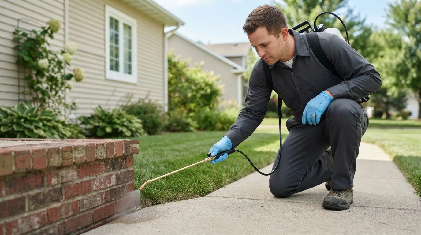 Pest control technician treating a home near Hills, MN